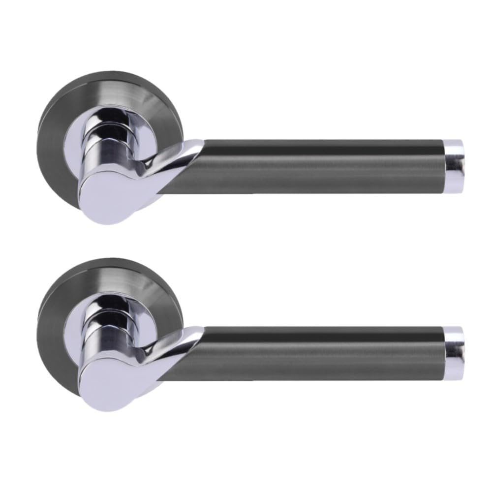 7 Sets Hydrus Premium Lever On Round Rose Door Handles - Black Nickel/Polished Chrome - Image 3