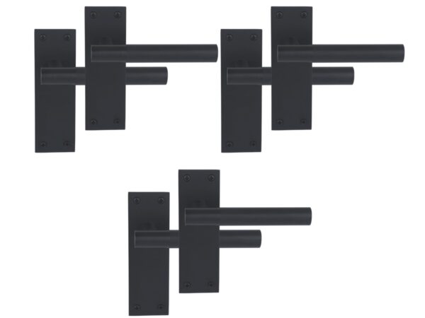 3 Pairs of Levada Grip Black Matt Designer Lever Latch Door Handle Set on Long Flat Backplate