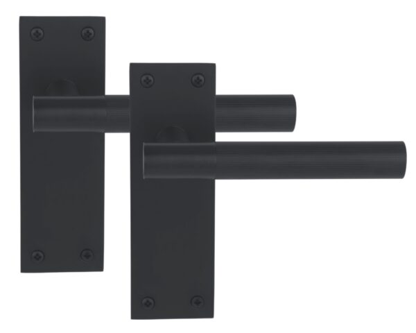 1 Pair of Levada Grip Black Matt Designer Lever Latch Door Handle Set on Long Flat Backplate