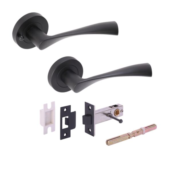 Zena Privacy Lever On Round Rose Door Handles, with Privacy Latch - Black Matt