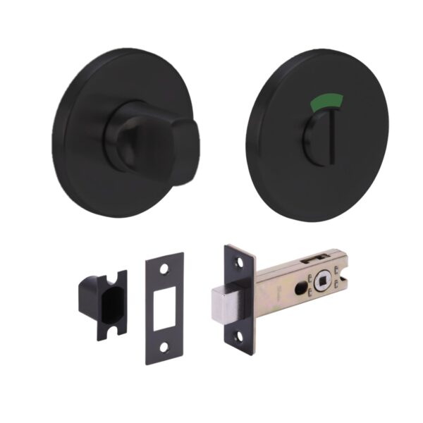 Stainless Steel Bathroom Toilet Door Kit - Turn with Indicator Release - Black Matt Finish - 76mm Bolt (57mm Backset)