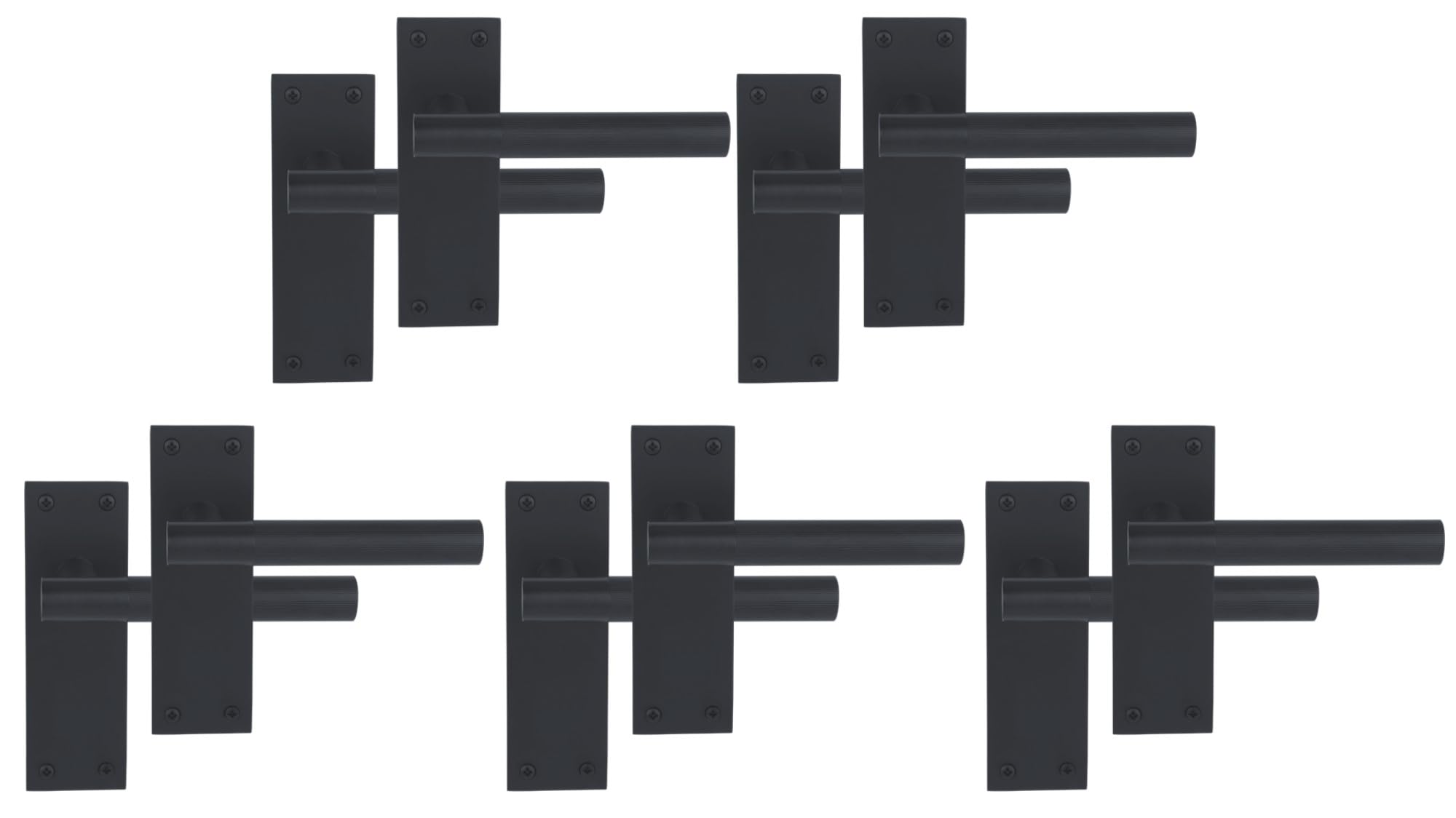 5 Pairs of Levada Grip Black Matt Designer Lever Latch Door Handle Set on Long Flat Backplate