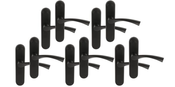 5 Pairs Lobo Black Matt Lever Latch Door Handle Set on Long Backplate