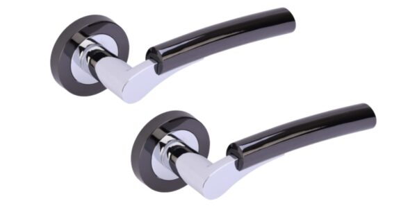 Raida Lever On Round Rose Door Handles, 1 Set - Black Nickel/Polished Chrome