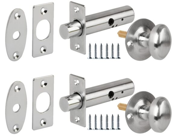 2 Pack Mortice Security Door Bolts, 60mm Silver Rack Bolt, with Satin Chrome Oval Thumbturns