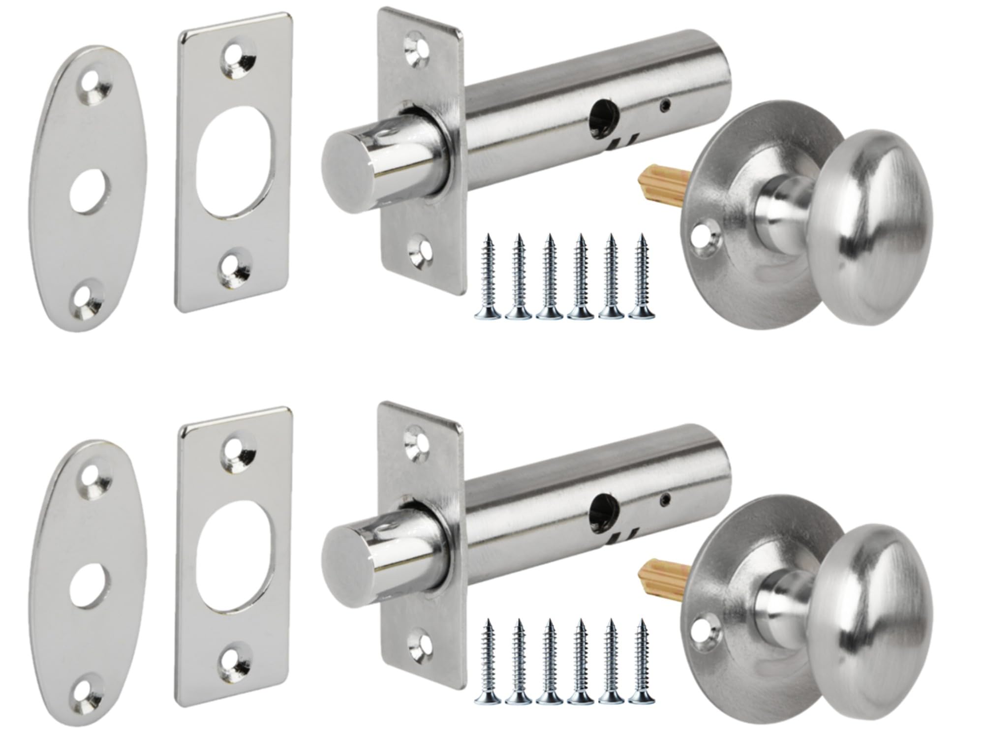 2 Pack Mortice Security Door Bolts, 60mm Silver Rack Bolt, with Satin Chrome Oval Thumbturns