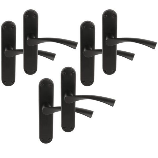 3 Pairs Lobo Black Matt Lever Latch Door Handle Set on Long Backplate