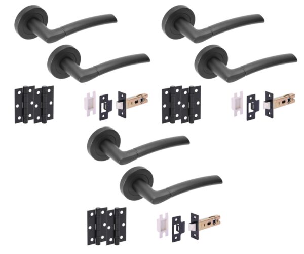 3 Sets Nemo Internal Door Handles on Rose Lever Latch Door Packs (76mm) - Black Matt