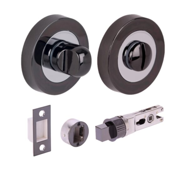 Bathroom Toilet Door Thumb Turn and Release Bullet Round Deadbolt Kit - Dual Finish Black Nickel/Polished Chrome - 76mm Bolt with 57mm Backset