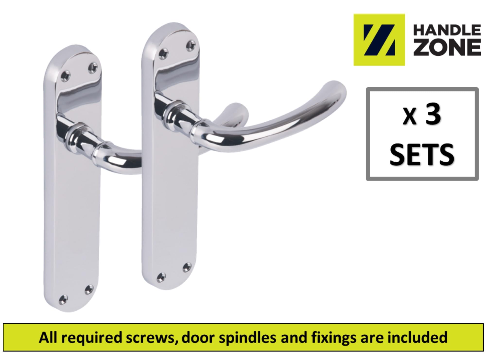 3 Pairs Avis Polished Chrome Lever Latch Door Handle Set on Long Backplate - Image 2