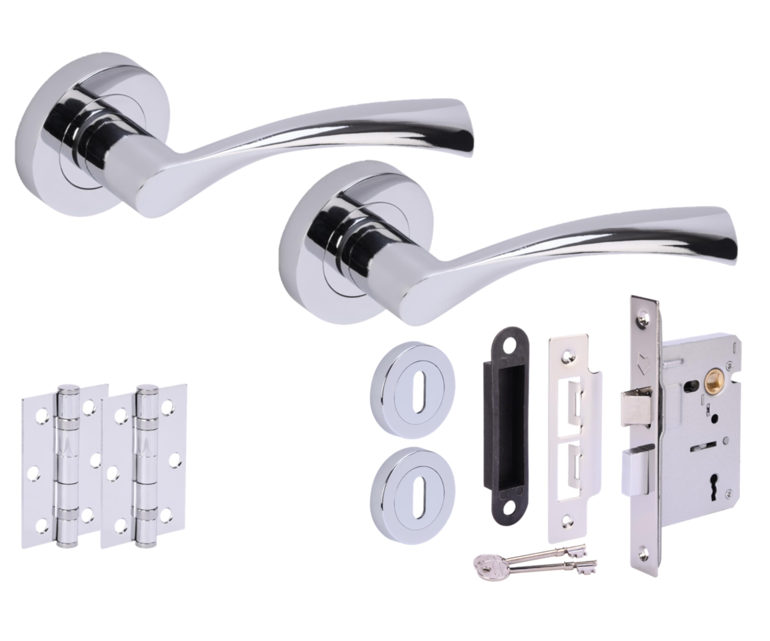 Lobo Door Handles on Rose 3 Lever Lock Pack (76mm) - Polished Chrome