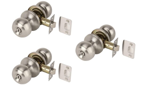 3 Sets Riva Privacy Knobset, Keyless Lock with Emergency Release, Adjustable 60-70mm Latch – Satin Stainless Steel