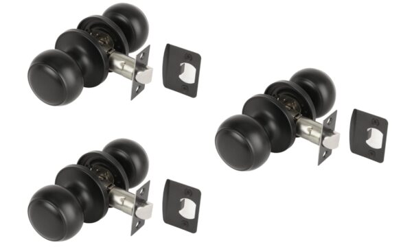 3 Sets Riva Passage Knobset, Non-Locking Interior Door Knobset, Adjustable 60-70mm Latch – Black Matt