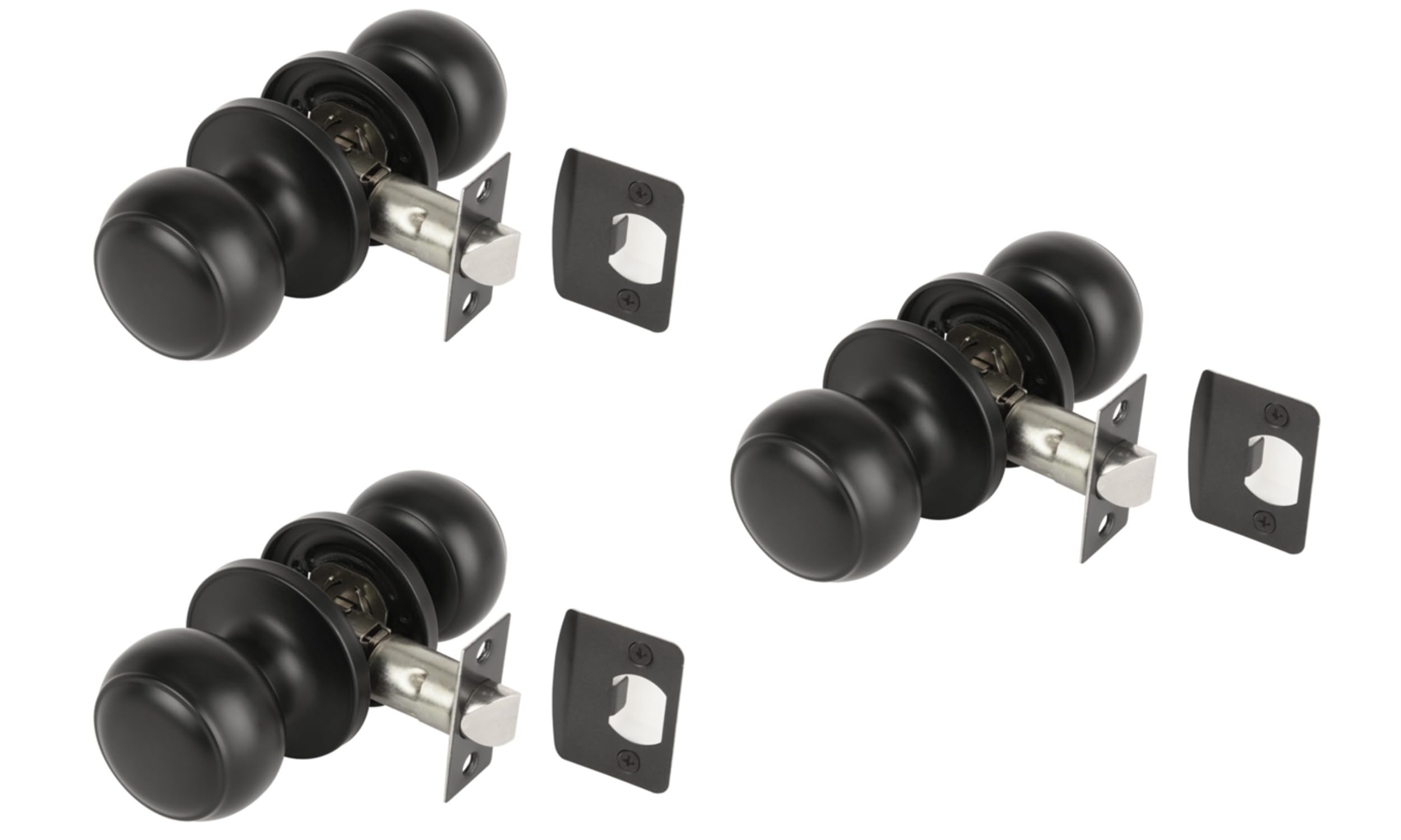 3 Sets Riva Passage Knobset, Non-Locking Interior Door Knobset, Adjustable 60-70mm Latch – Black Matt