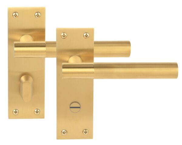 1 Pair of Levada Grip Satin Brass Designer Bathroom Door Handle Set on Long Flat Backplate