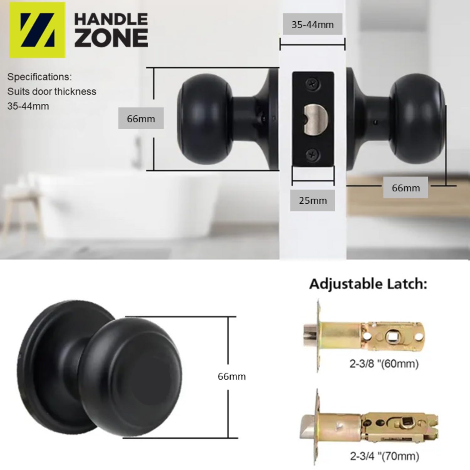 3 Sets Riva Passage Knobset, Non-Locking Interior Door Knobset, Adjustable 60-70mm Latch – Black Matt - Image 4