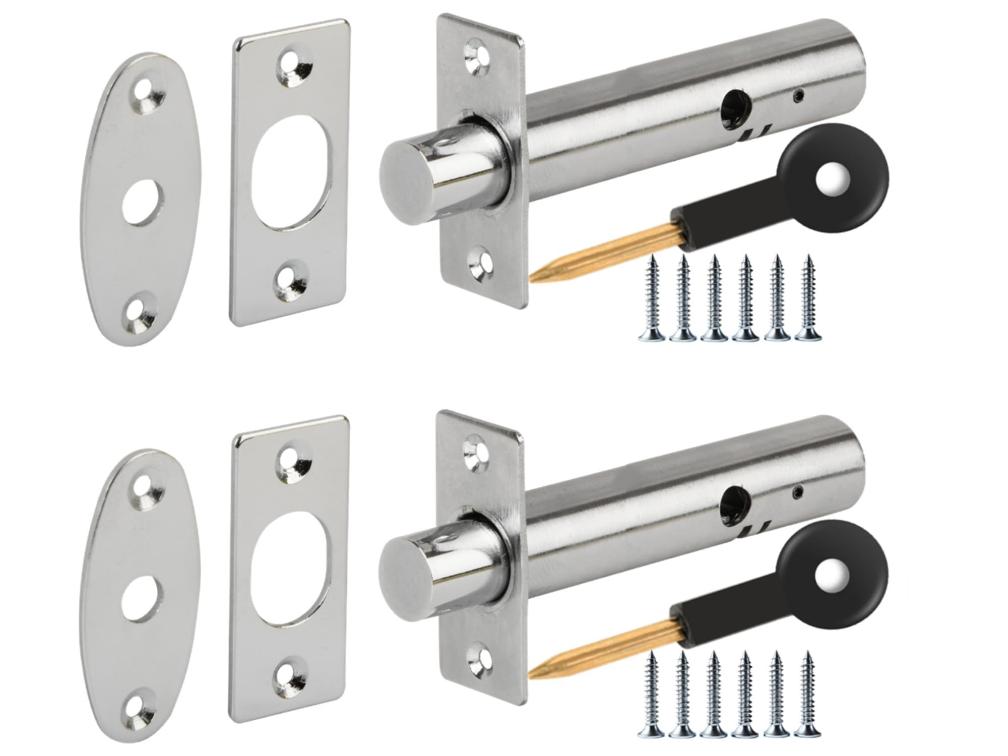 2 Pack Mortice Security Door Bolts, Extended 88mm Rack Bolts - Silver Nickel Plated - with 2 Star Keys