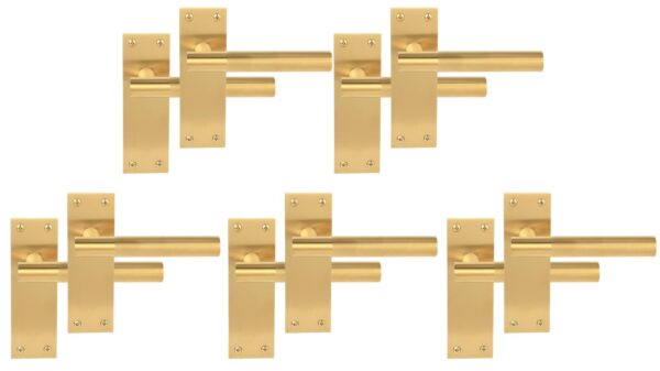 5 Pairs of Levada Grip Satin Brass Designer Lever Latch Door Handle Set on Long Flat Backplate