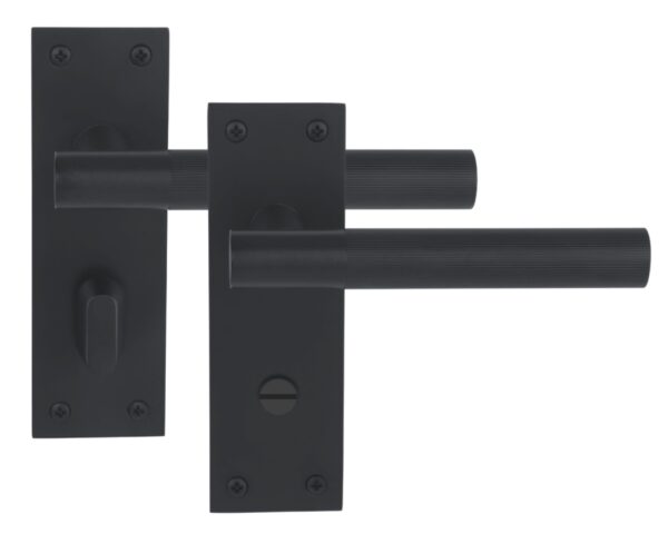 1 Pair of Levada Grip Black Matt Designer Bathroom Door Handle Set on Long Flat Backplate