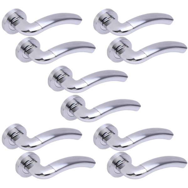 5 Sets Corax Premium Lever On Round Rose Door Handles - Polished/Satin Chrome