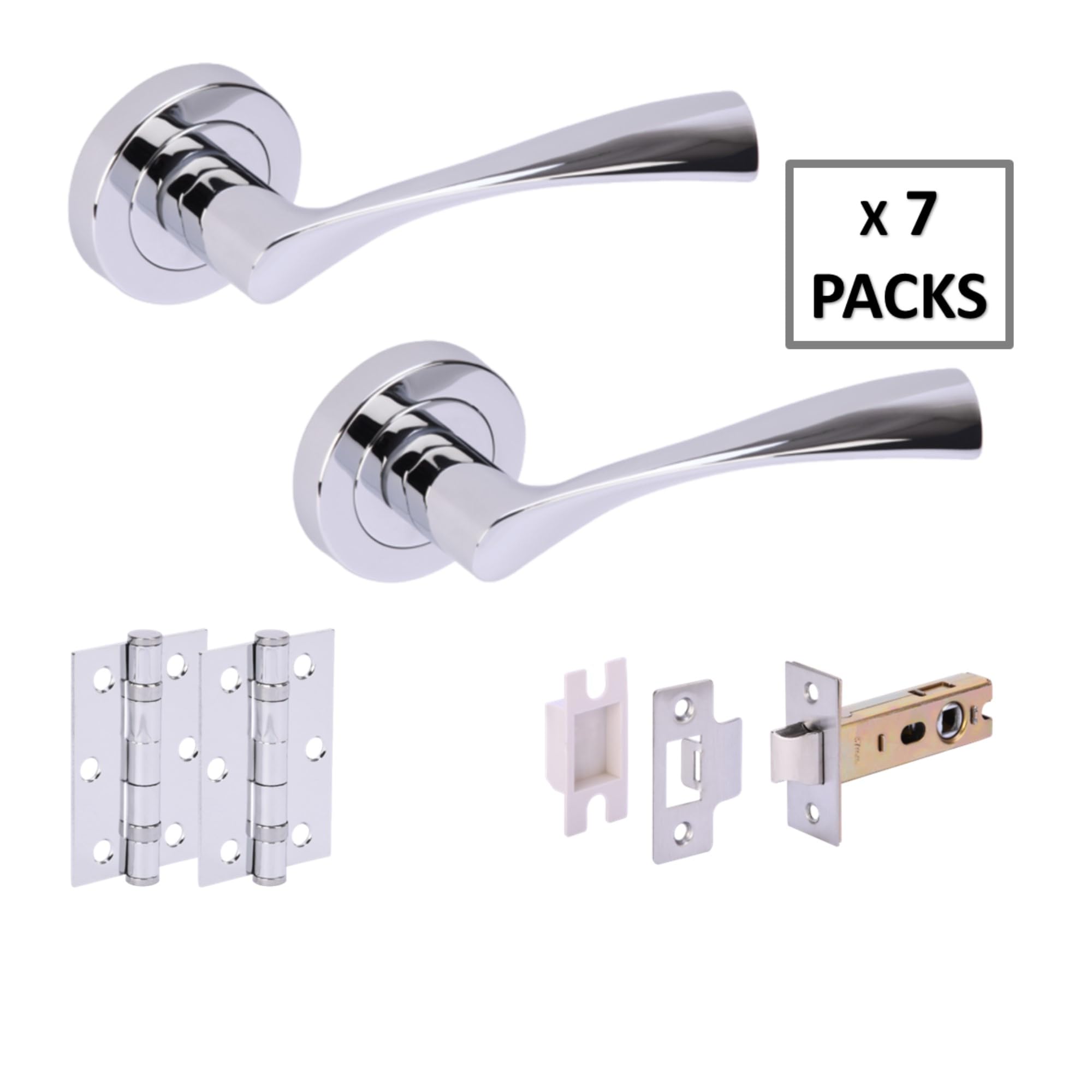 7 Sets Zena Internal Door Handles on Rose Lever Latch Door Packs (76mm) - Polished Chrome - Image 2