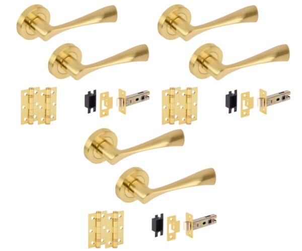 3 Sets Zena Internal Door Handles on Rose Lever Latch Door Packs (76mm) - Brushed Brass