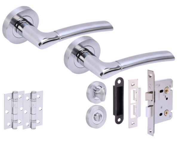 Columba Door Handles on Rose Bathroom Lock Pack (65mm) - Polished/Satin Chrome