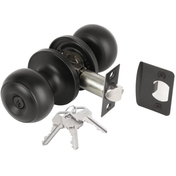 Riva Entrance Knobset, Key Locked Door Knobset, Adjustable 60-70mm Latch, 1 Set – Black Matt