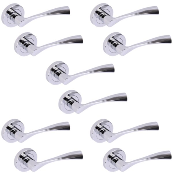 5 Sets Zena Lever On Round Rose Door Handles - Polished Chrome