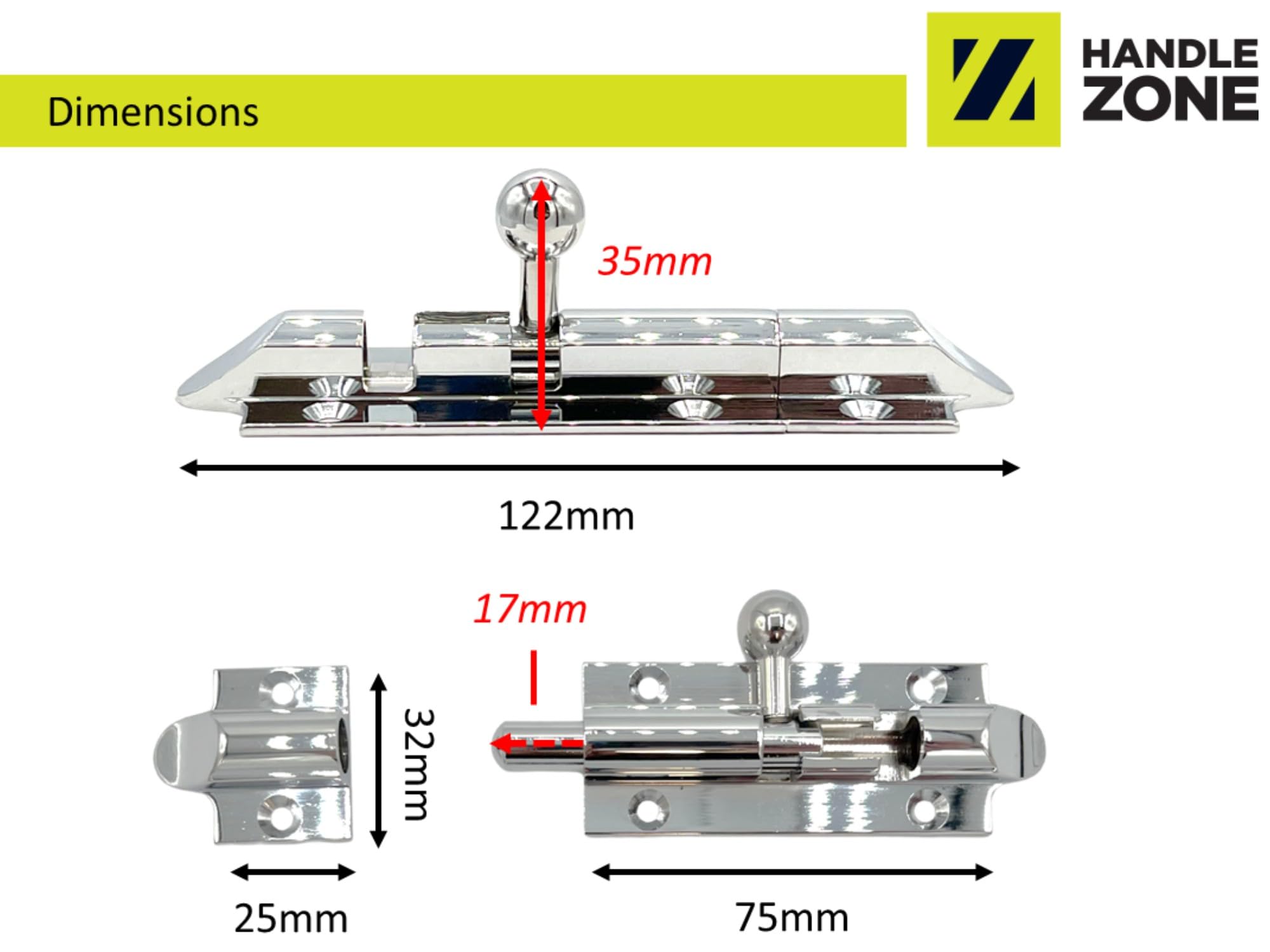5 Pack Bell Shaped Premium Sliding Door Bolts - 75x32mm - Polished Chrome - Image 4