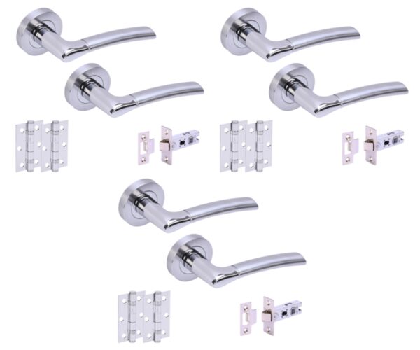 3 Sets Columba Internal Door Handles on Rose Lever Latch Door Packs (65mm) - Dual Polished/Satin Chrome