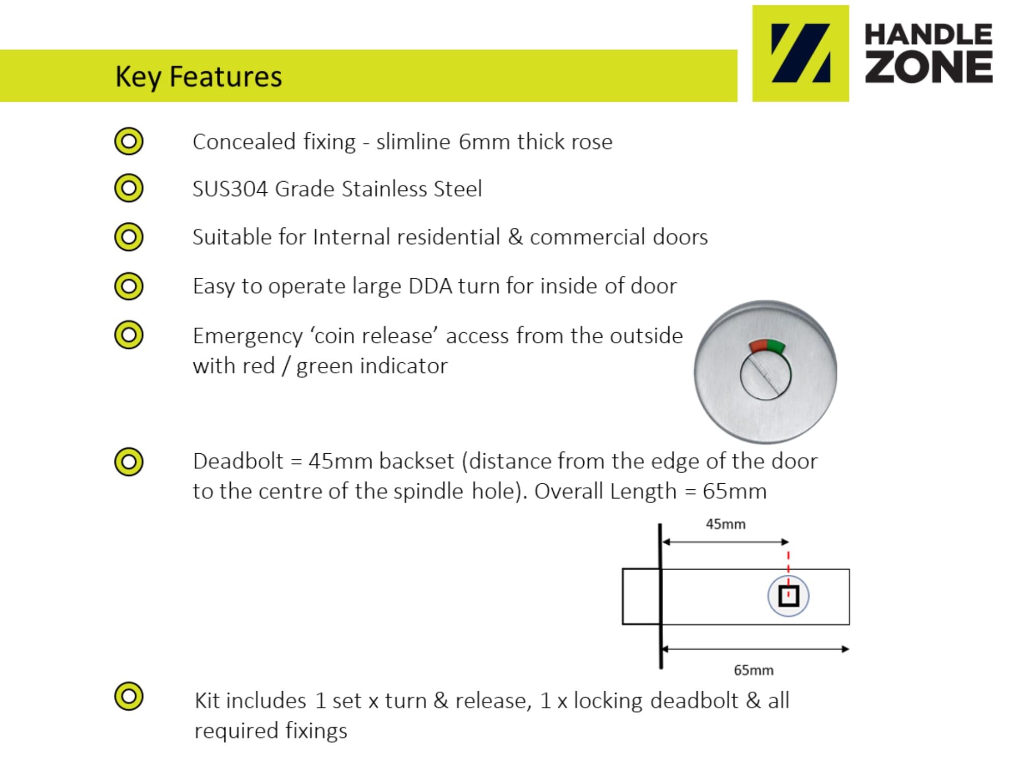 SSS Bathroom Toilet Door Kit - DDA Disabled Turn with Indicator Release - Satin Stainless Steel - 65mm Bolt (45mm Backset) - Image 5