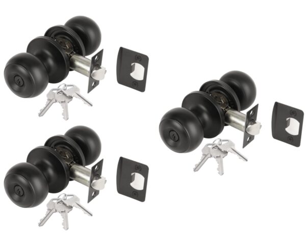 3 Sets Riva Entrance Knobset, Key Locked Door Knobset, Adjustable 60-70mm Latch – Black Matt
