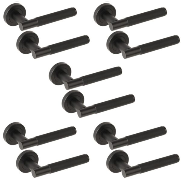 5 Sets Evo Knurled Grip Lever On Round Rose Door Handles - Black Matt