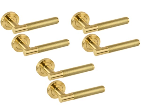 3 Sets Evo Knurled Grip Lever On Round Rose Door Handles - Satin Brass