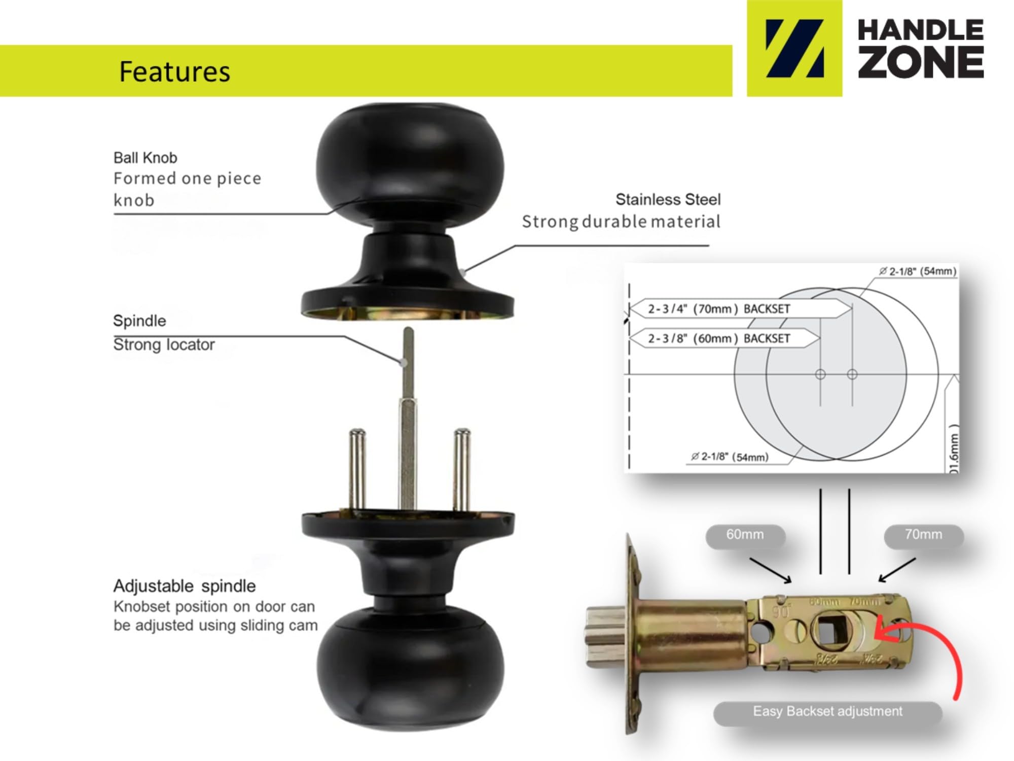 3 Sets Riva Passage Knobset, Non-Locking Interior Door Knobset, Adjustable 60-70mm Latch – Black Matt - Image 3