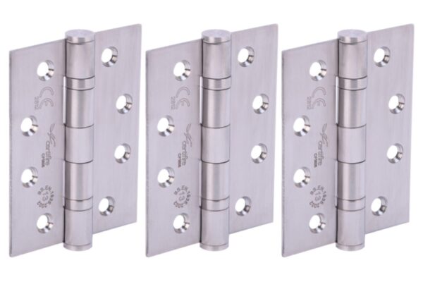 Door Hinges 1.5 Pairs (3 Hinges) 102mm / 4 inch Ball Bearing, Grade 13 Fire Rated, CE13 FD30 FD60 - Satin Stainless Steel