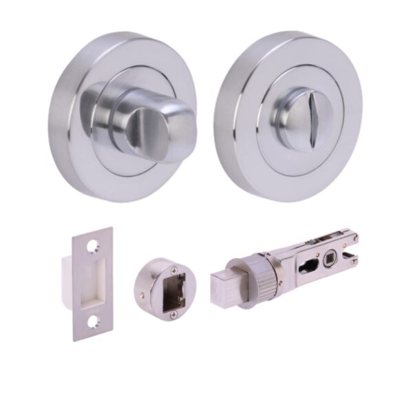 Bathroom Toilet Door Thumb Turn and Release Bullet Round Deadbolt Kit - Satin Chrome - 76mm Bolt with 57mm Backset