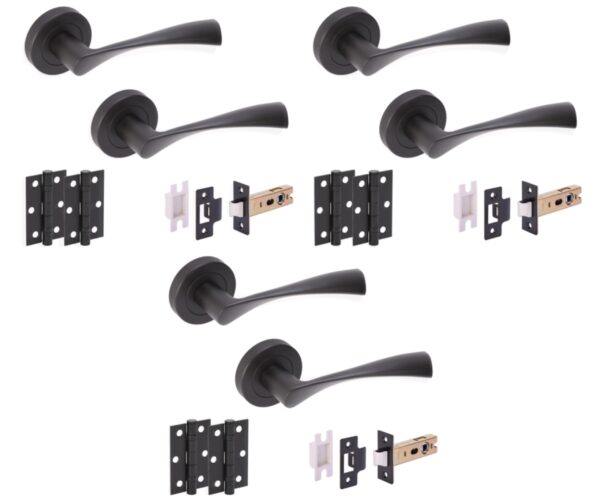 3 Sets Zena Internal Door Handles on Rose Lever Latch Door Packs (76mm) - Black Matt