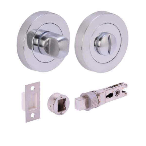 Bathroom Toilet Door Thumb Turn and Release Bullet Round Deadbolt Kit - Dual Finish Polished/Satin Chrome - 76mm Bolt with 57mm Backset