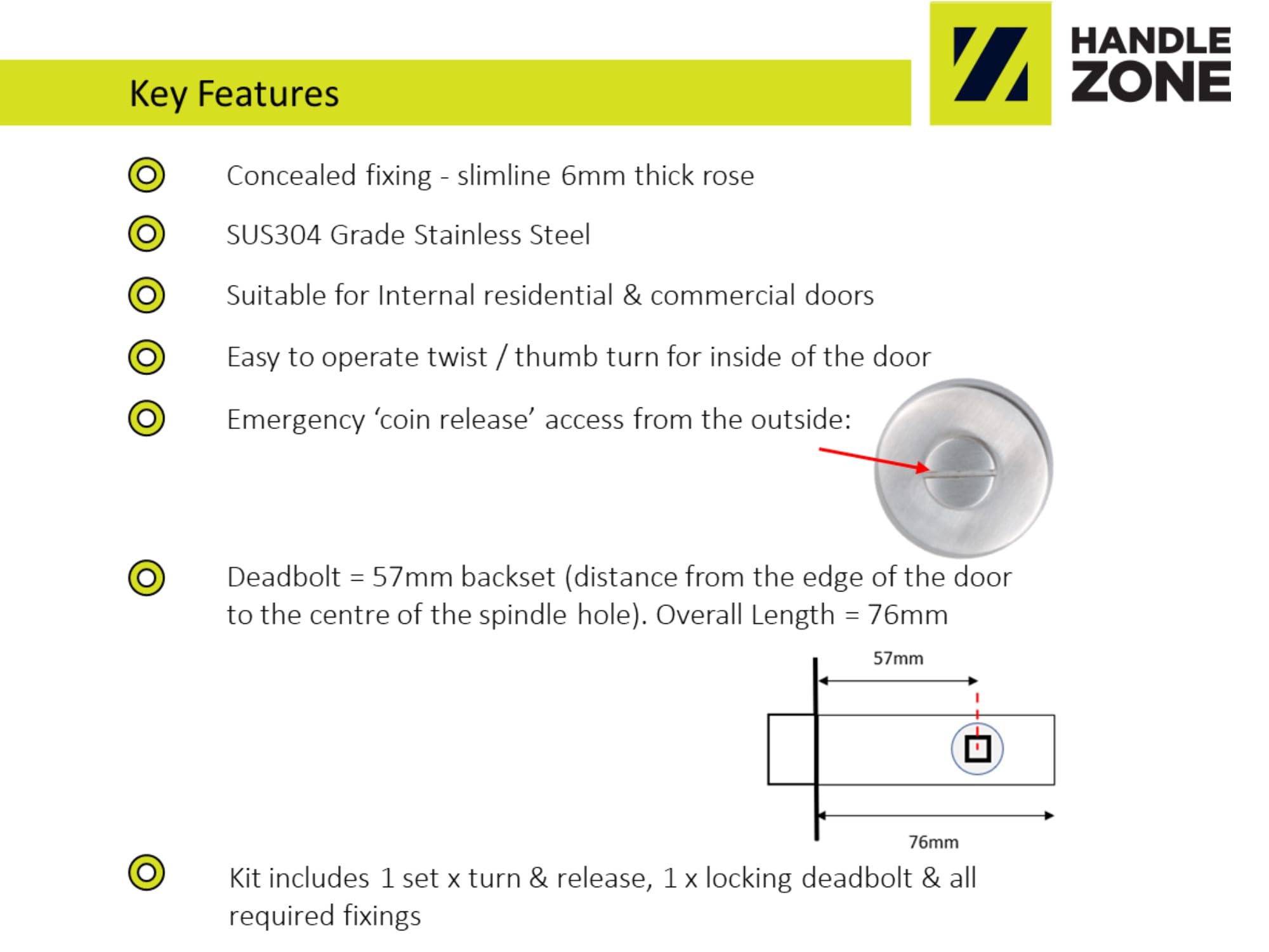 SSS Bathroom Toilet Door Kit - Turn with Blind Release - Satin Stainless Steel - 76mm Bolt (57mm Backset) - Image 5