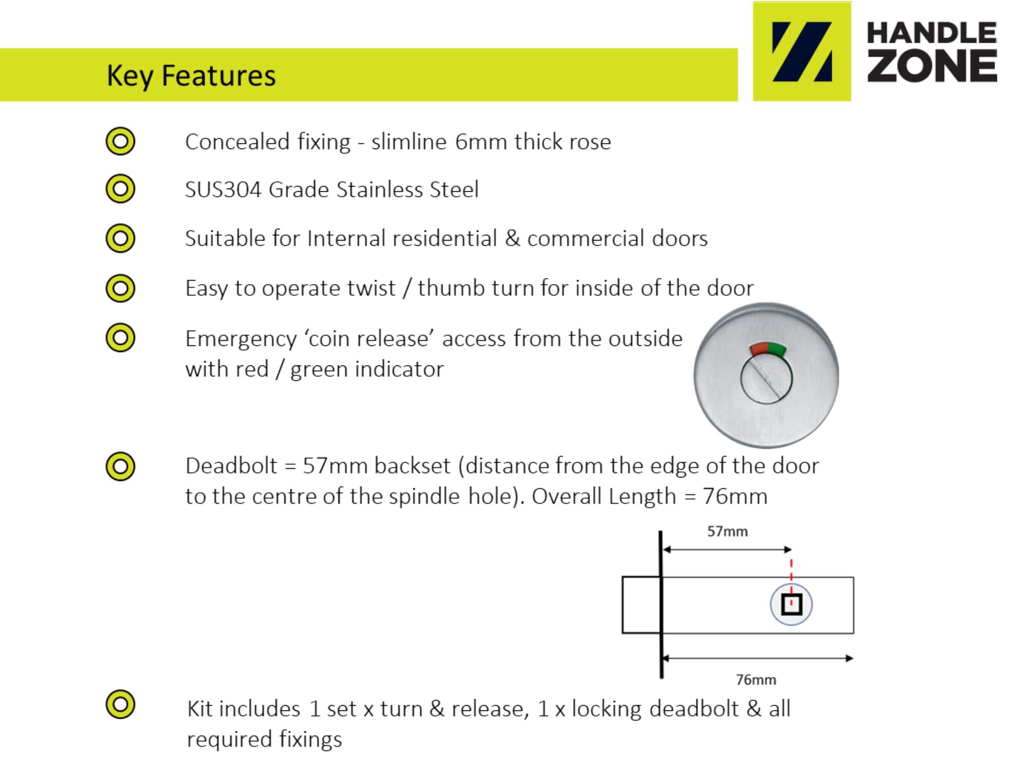 SSS Bathroom Toilet Door Kit - Turn with Indicator Release - Satin Stainless Steel - 76mm Bolt (57mm Backset) - Image 5