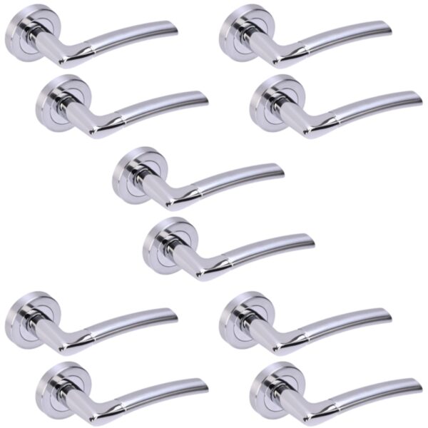 5 Sets Nemo Lever On Round Rose Door Handles - Polished/Satin Chrome