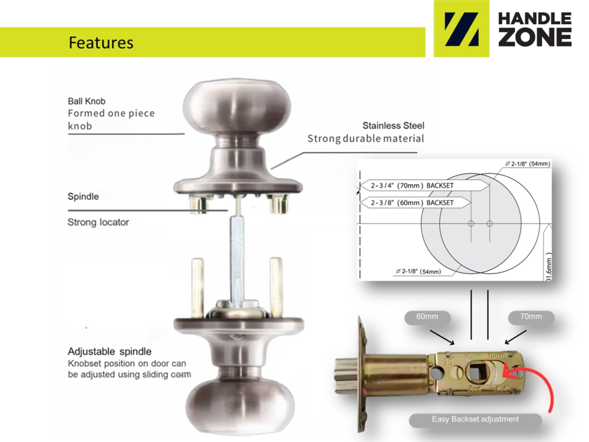 7 Sets Riva Passage Knobset, Non-Locking Interior Door Knobset, Adjustable 60-70mm Latch – Satin Stainless Steel - Image 3