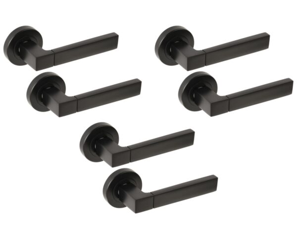 3 Sets Luxa Lever On Round Rose Door Handles - Black Matt