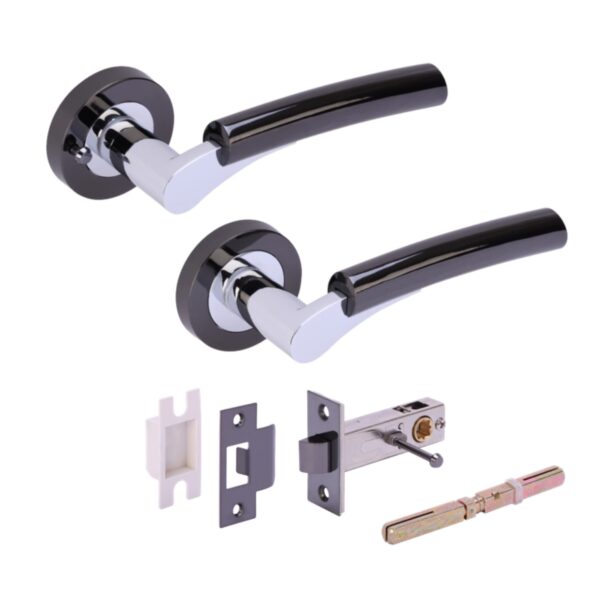 Raida Privacy Lever On Round Rose Door Handles, with Privacy Latch - Black Nickel/Polished Chrome