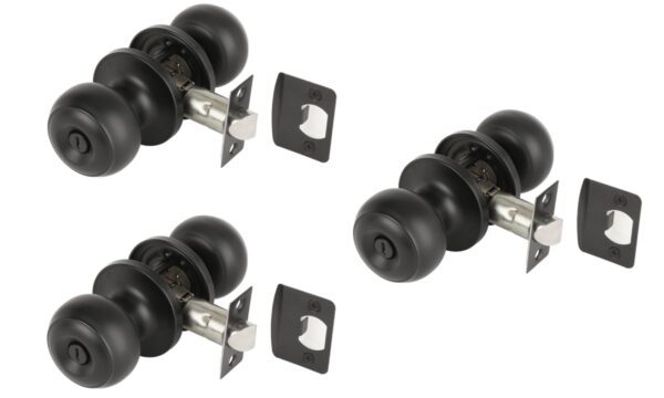 3 Sets Riva Privacy Knobset, Keyless Lock with Emergency Release, Adjustable 60-70mm Latch – Black Matt