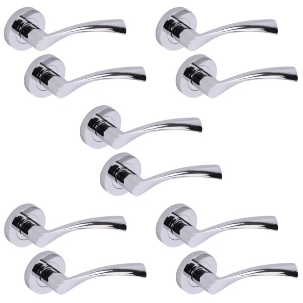 5 Sets Lobo Lever On Round Rose Door Handles - Polished Chrome
