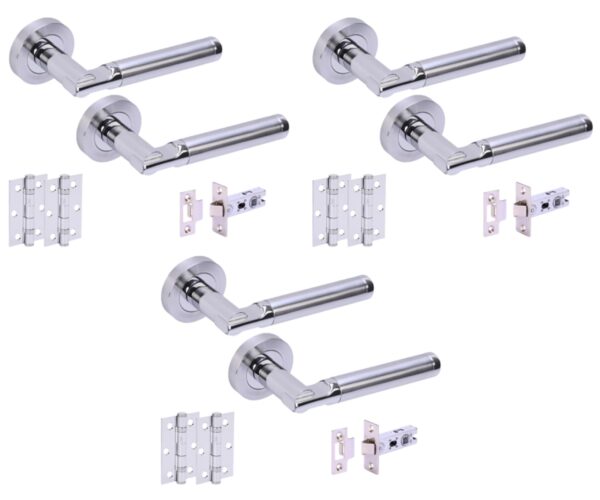 3 Sets Lacerta Premium Internal Door Handles on Rose Lever Latch Door Packs (76mm) - Polished/Satin Chrome