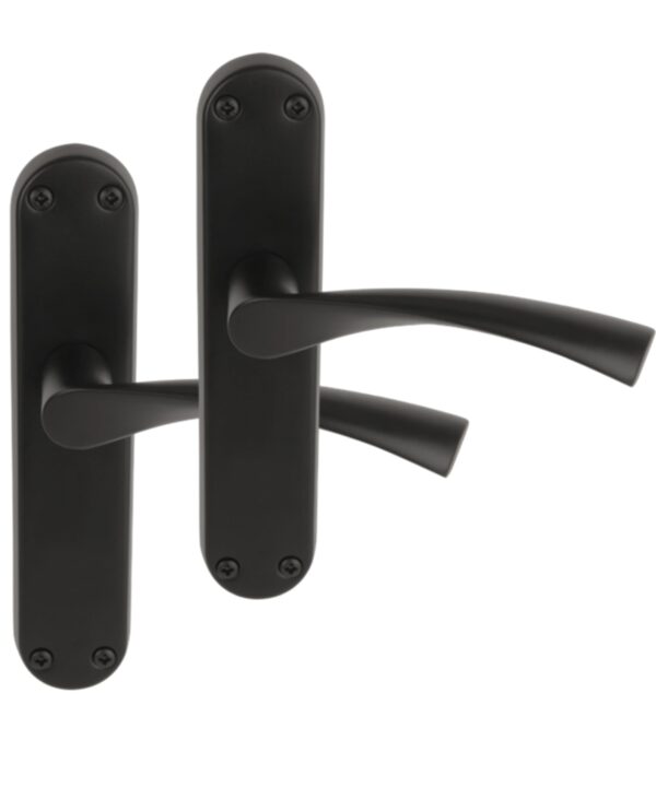 1 Pair of Lobo Black Matt Lever Latch Door Handle Set on Long Backplate